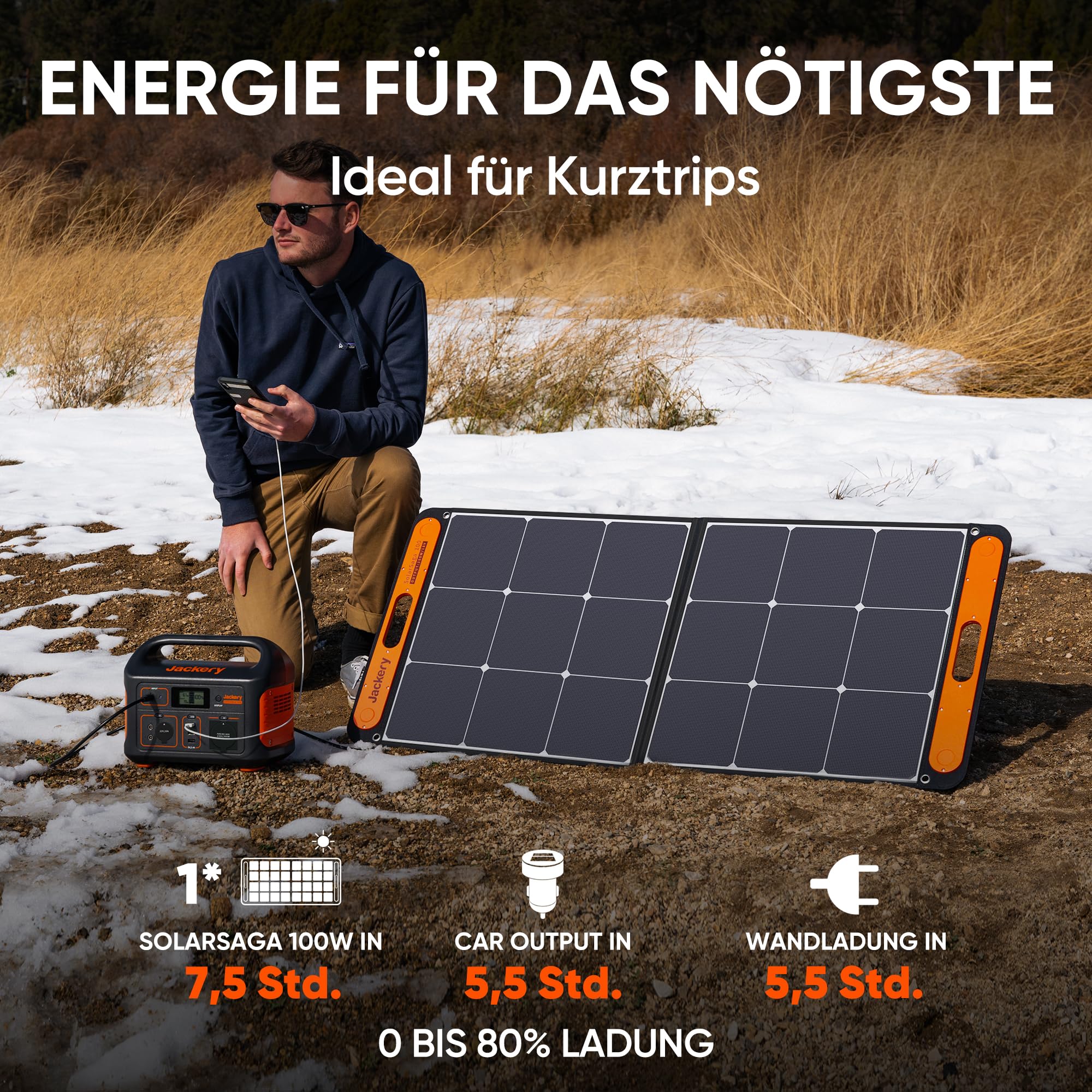 Jackery E500 Tragbare Powerstation, 518Wh Solargenerator mit SolarSaga 100W Solarpanel, 230V/500W mobile Stromversorgung mit LCD Anzeige für Camping, Outdoor Abenteuer & Notfälle-Generalüberholt
