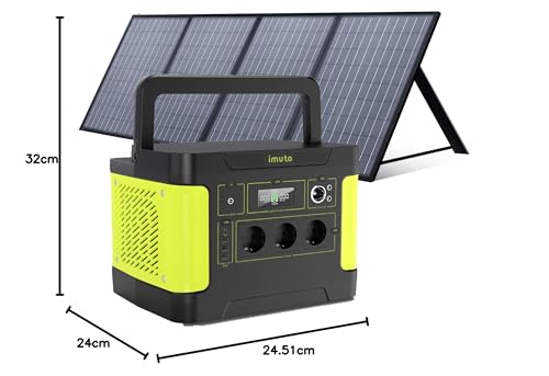imuto Solargenerator 𝟏𝟓𝟑𝟏𝐖𝐡, Tragbare Powerstation 1200W (Spitze 2200 W) mit 1 * 100 W Solarpanel, Stromspeicher 11 Anschlüsse mit reinem Sinuswellen-AC-Ausgang, für Home Backup/RV/Camping/CPAP