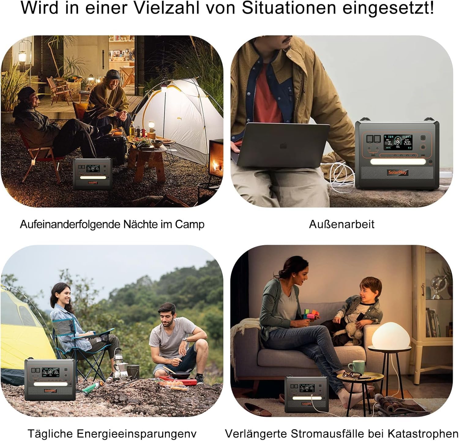 SolarPlay Tragbare Powerstation Q2402M, Solargenerator 2304Wh LiFePO4 Batterie-Backup mit 2500W 2X AC Ausgängen (5000W Peak) 230V, Power Station für Outdoor-Camping, Wohnmobil-Reisen, Hausgebrauch